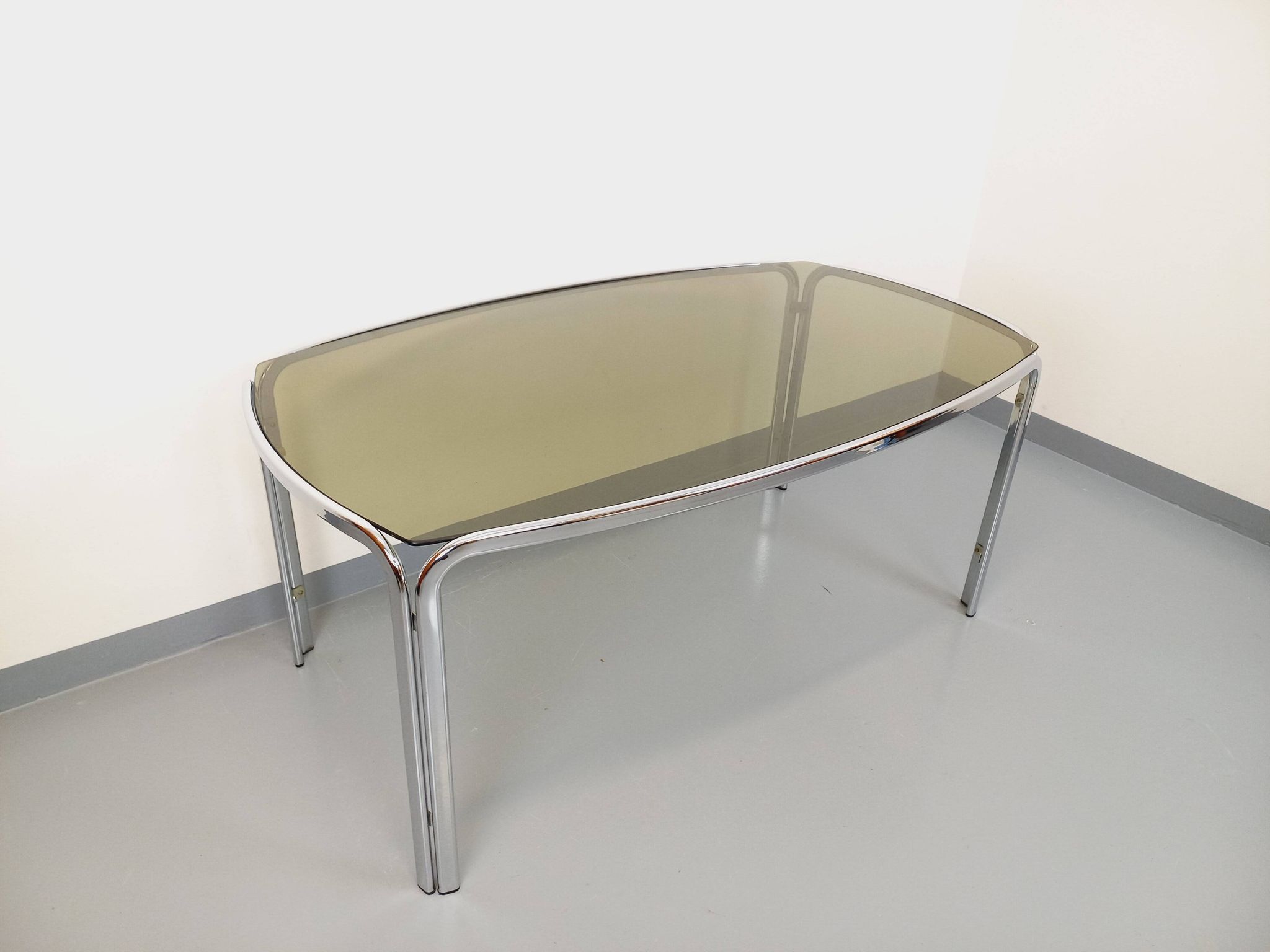 Vintage curved rectangular dining table in smoked glass and chrome metal