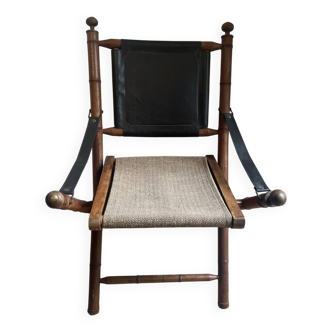 Chaise Safari pliante vintage en simili-bambou et cuir marron, années 1960