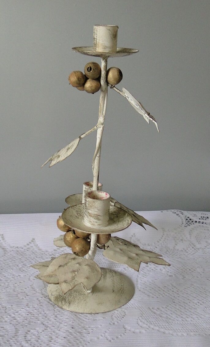 Candlestick for 3 candles, aged whitewashed metal, shabby chic