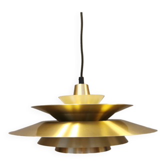 Hanging lamp in brass coloured metal with contrasting yellow lacquer on the inside