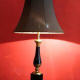 20th Century French Black Enamel Tole and Gilt Bronze Table Lamps with Silk Shade, Set of 2