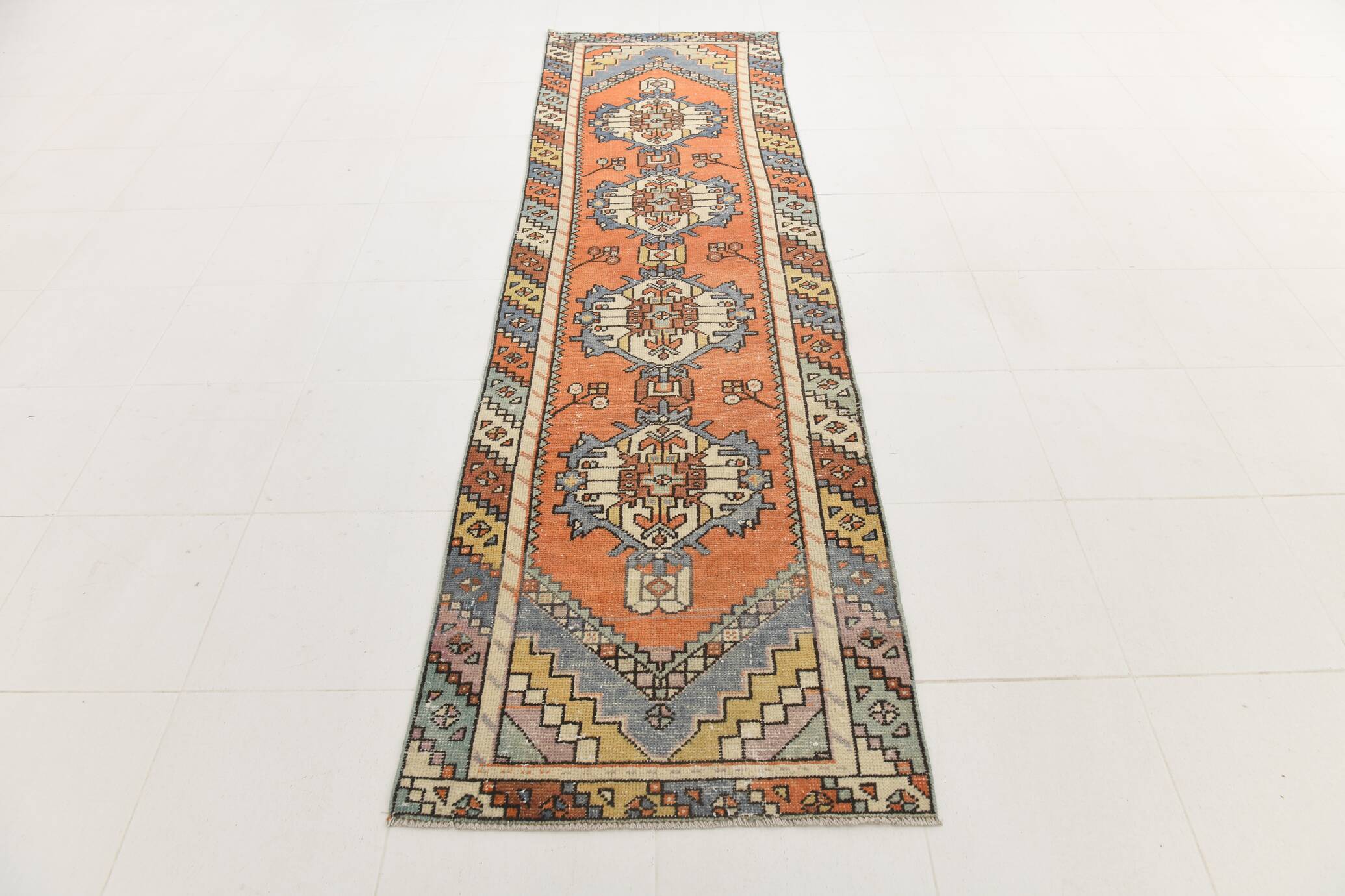 3x10 Orange Blue Handmade Geometric Vintage Runner Rug, 85x304Cm