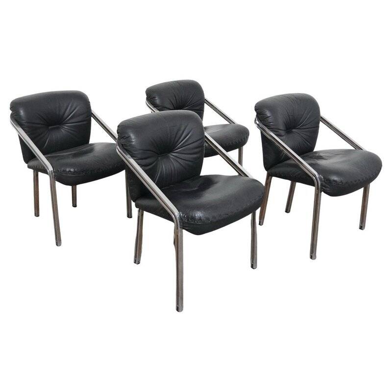 Dining Chairs with Steel and Leather by Mobil Girgi, 1970s, Set of 4