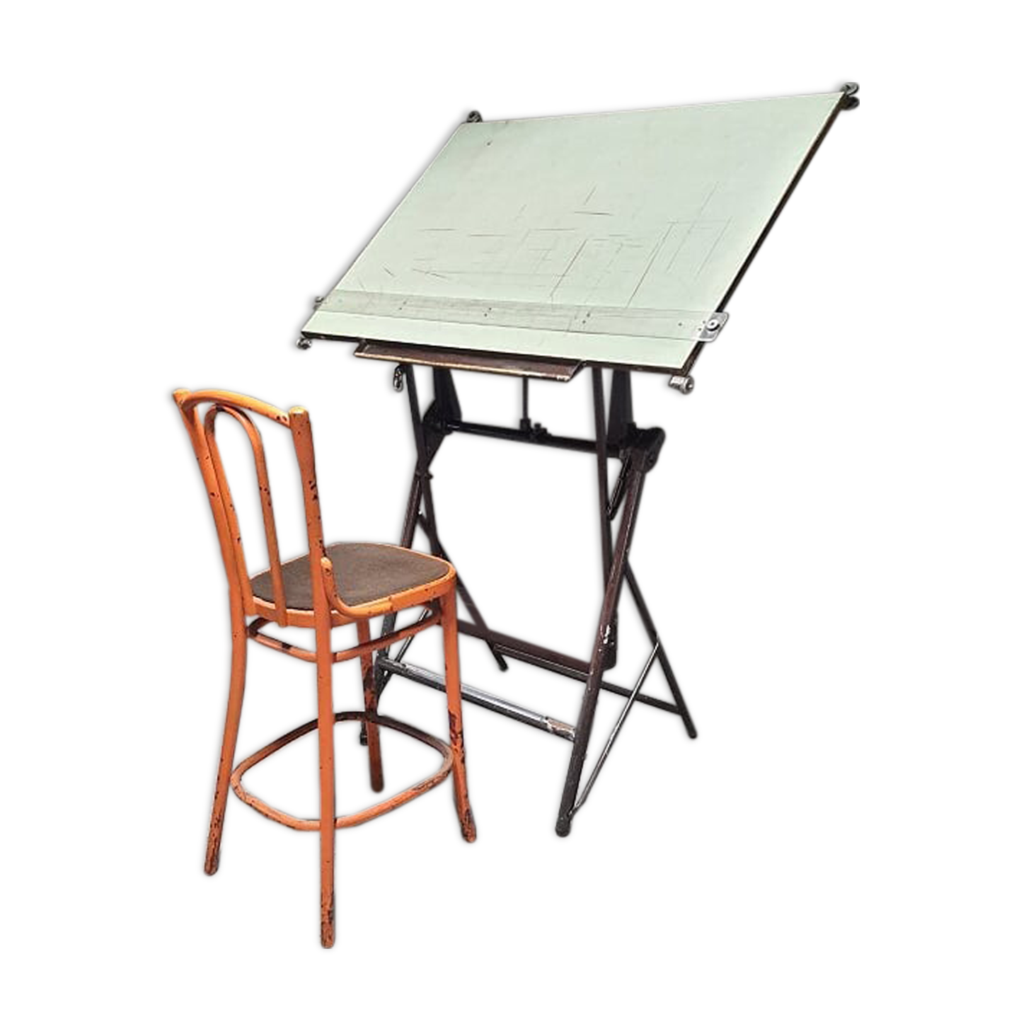 Table à dessin architecte Sautereau Paris 1950 fonte avec chaise Thonet
