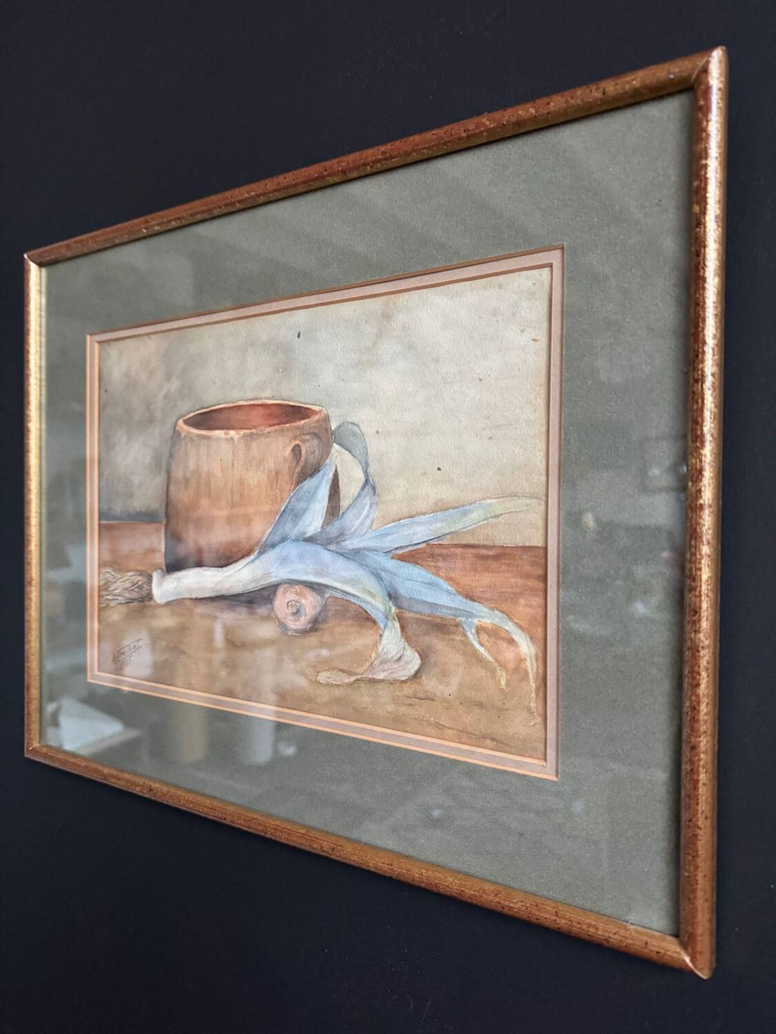 Aquarelle nature morte poireau ancienne 