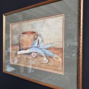 Aquarelle nature morte poireau ancienne 