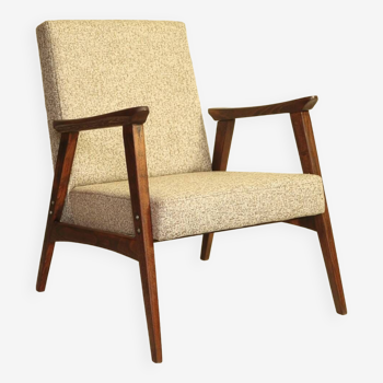 Fauteuil scandinave en bois rénové tissus granola beige 1970