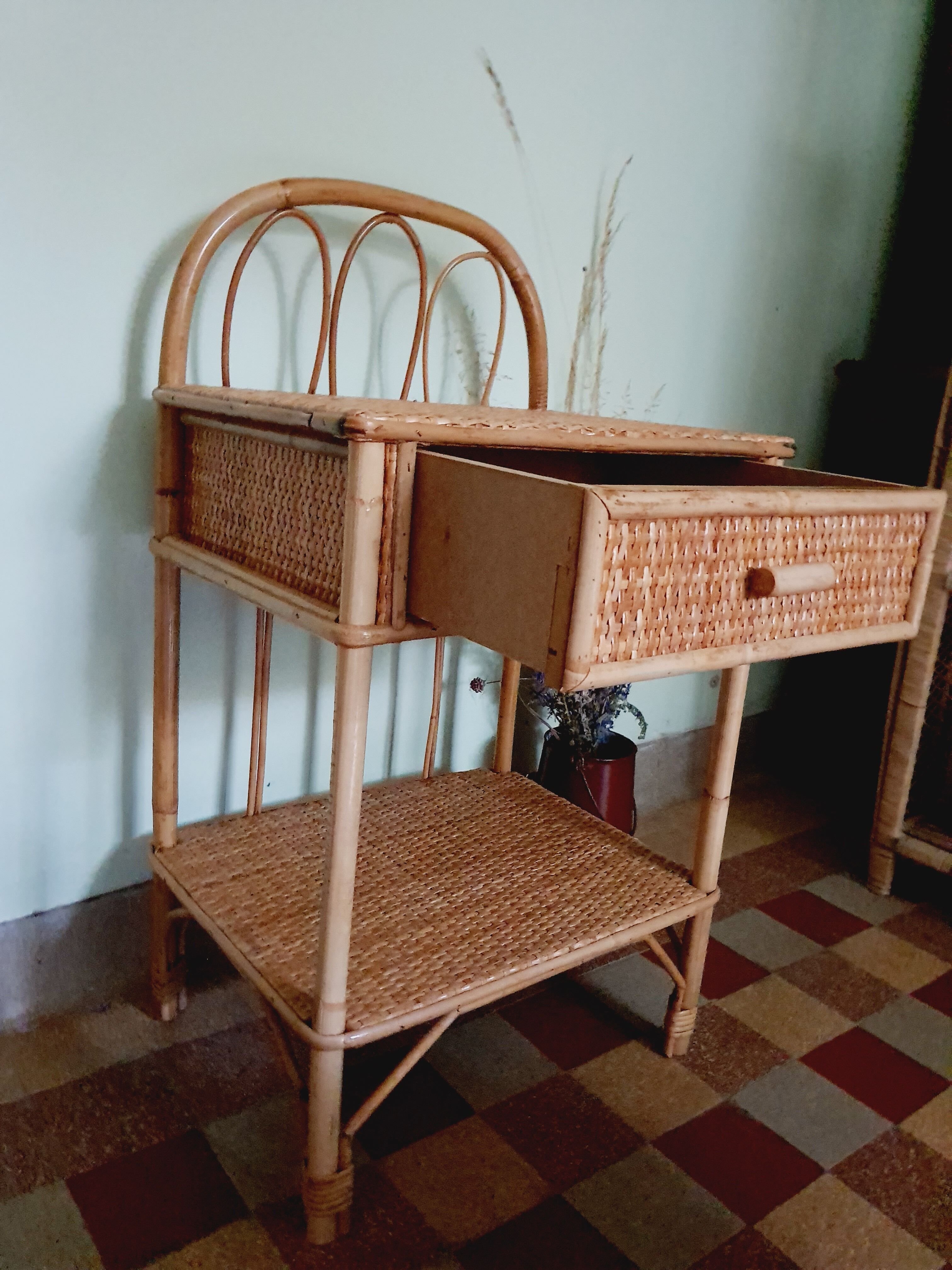 60' vintage rattan bedside table