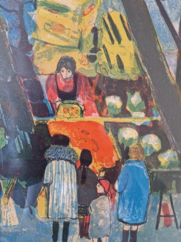 Lithographie en couleurs, Scène de marché, Nathalie Chabrier (née en 1932)