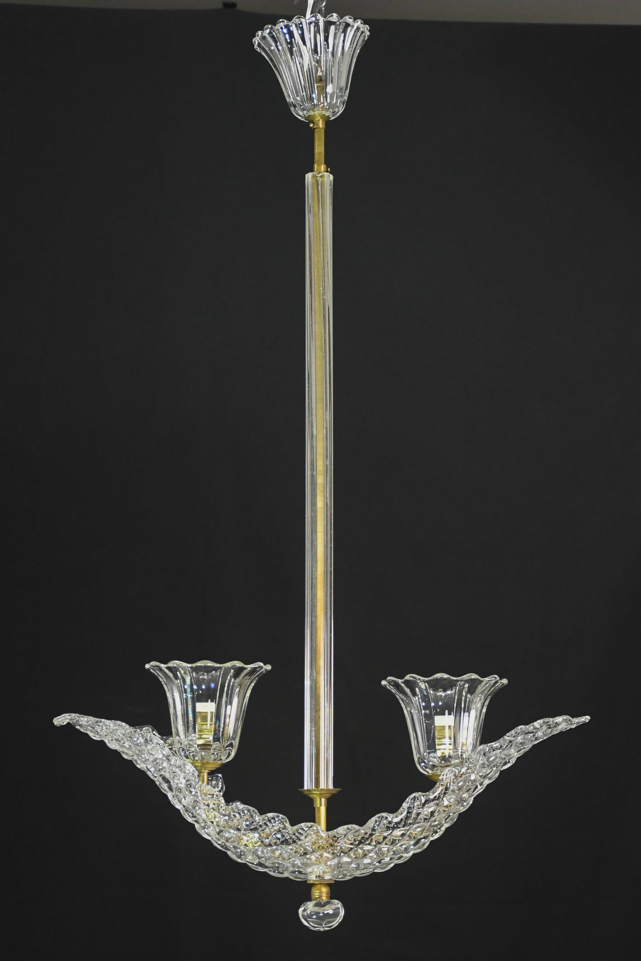 Elegant 2 cup Barovier Art Deco chandelier, Murano glass, brass structure 1940s