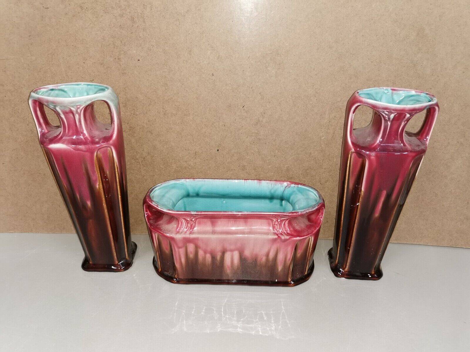 Pair of vases + art nouveau planter orchies slip fireplace trim