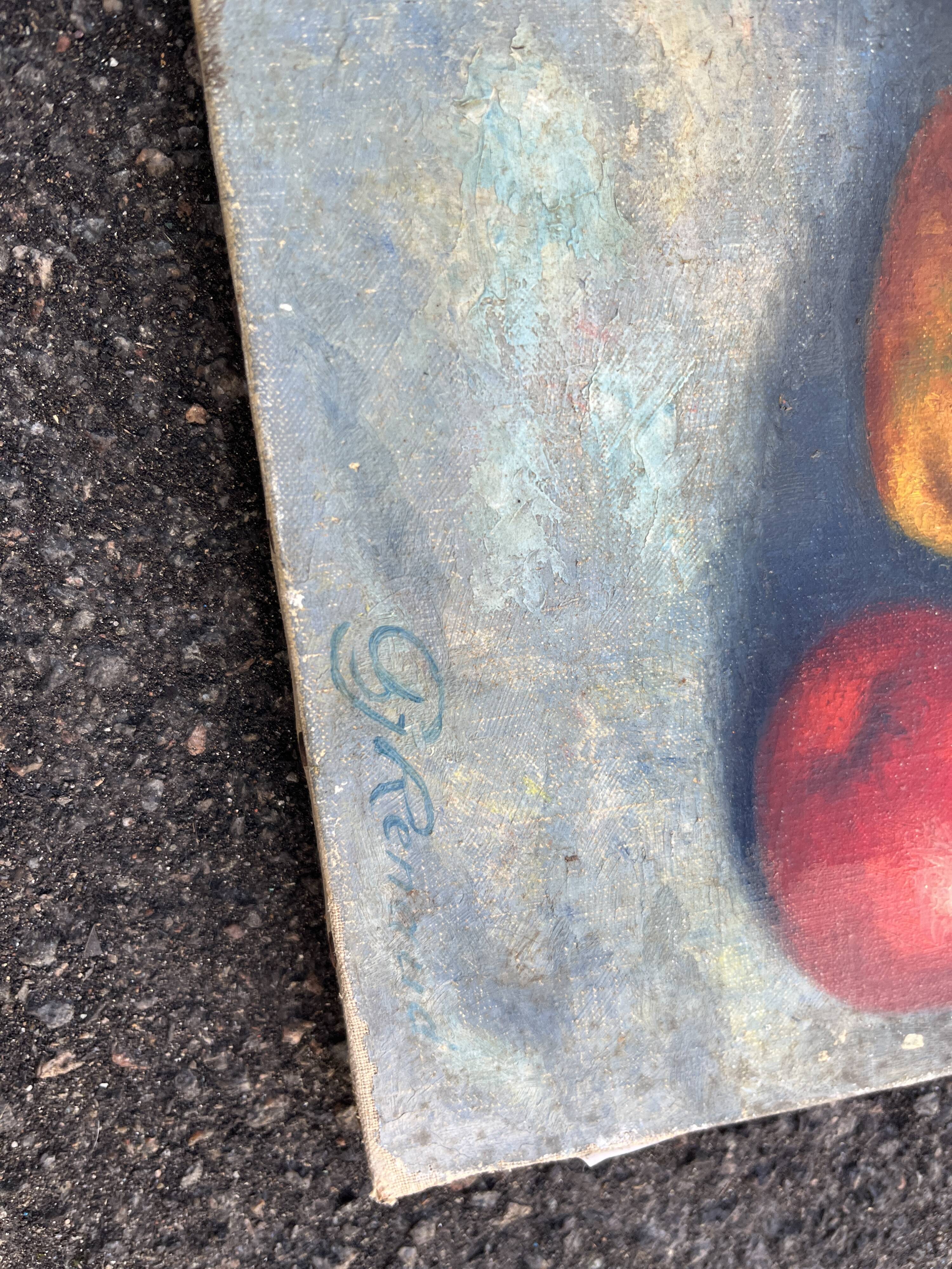 Antique painting Still life – apples, blue pottery and brass jug