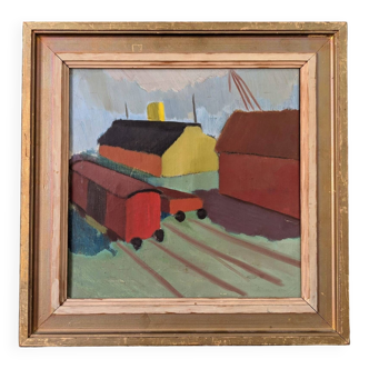 Peinture à l’huile suédoise moderne du milieu du siècle « La gare », encadrée