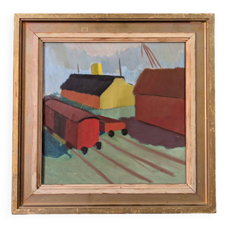 Mid-Century Modern Swedish Oil Painting "The Station", Framed