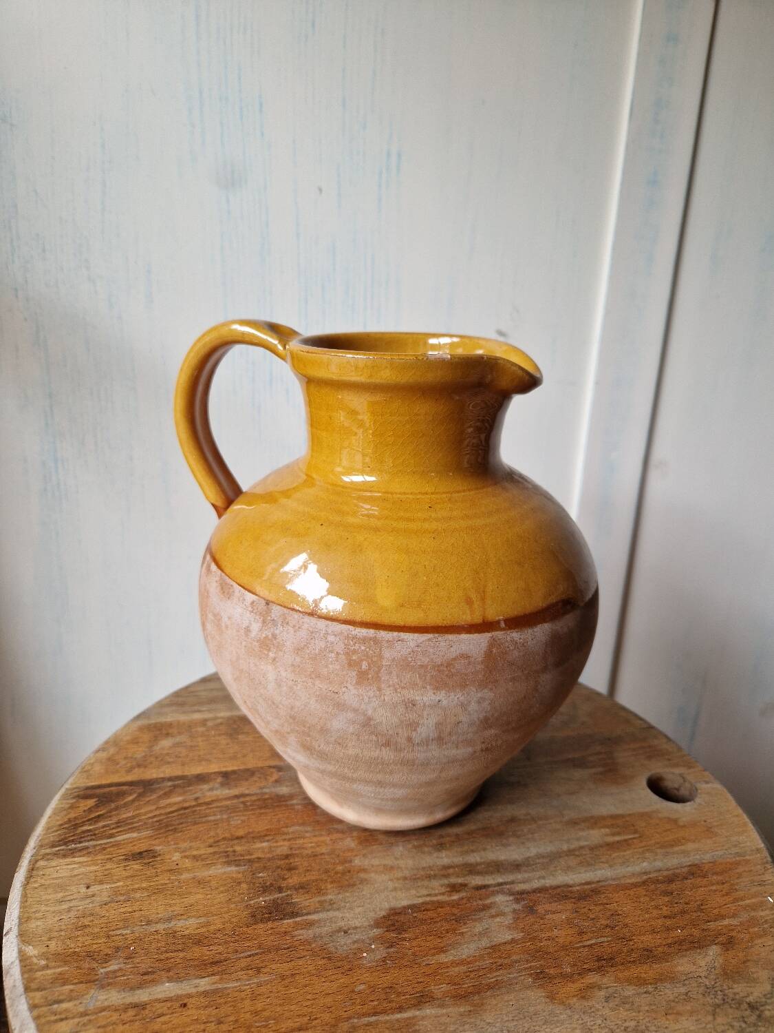 Antique glazed terracotta pitcher, brown semi-glazed jug, vase