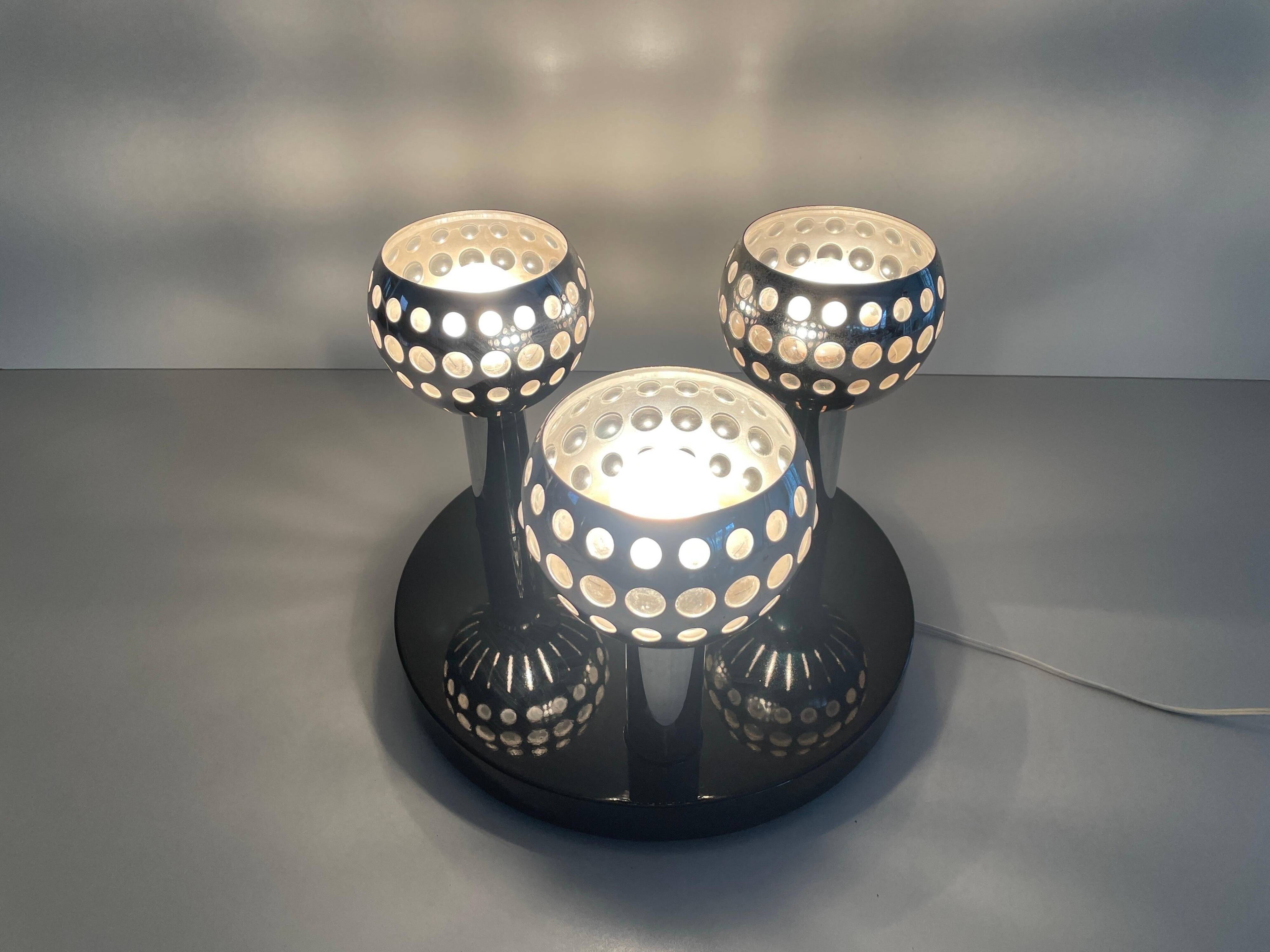 Mid-century ceiling light with 3 shades and wooden base, 1960s, Italy.