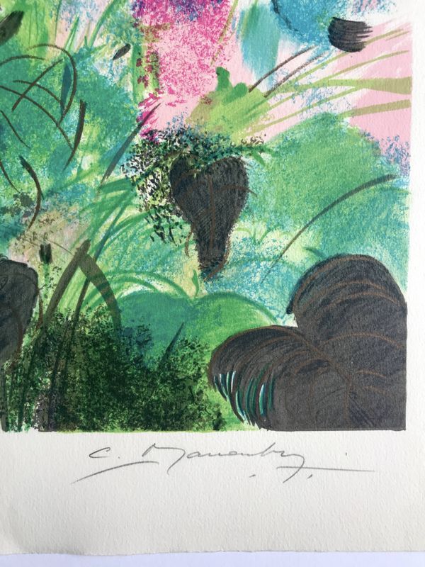 Claude manoukian femme au bouquet, 1980. lithographie signée au crayon