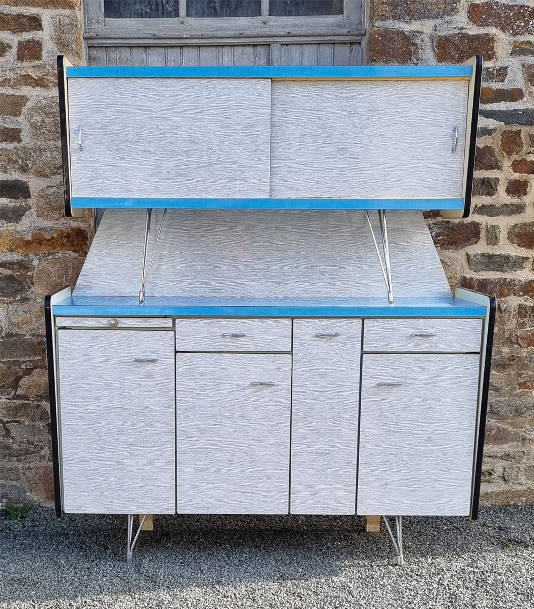 Buffet formica SIF, 3 doors, gray and blue, vintage, 50s