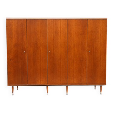 Teak wardrobe with 5 doors, hanging rail and shelves