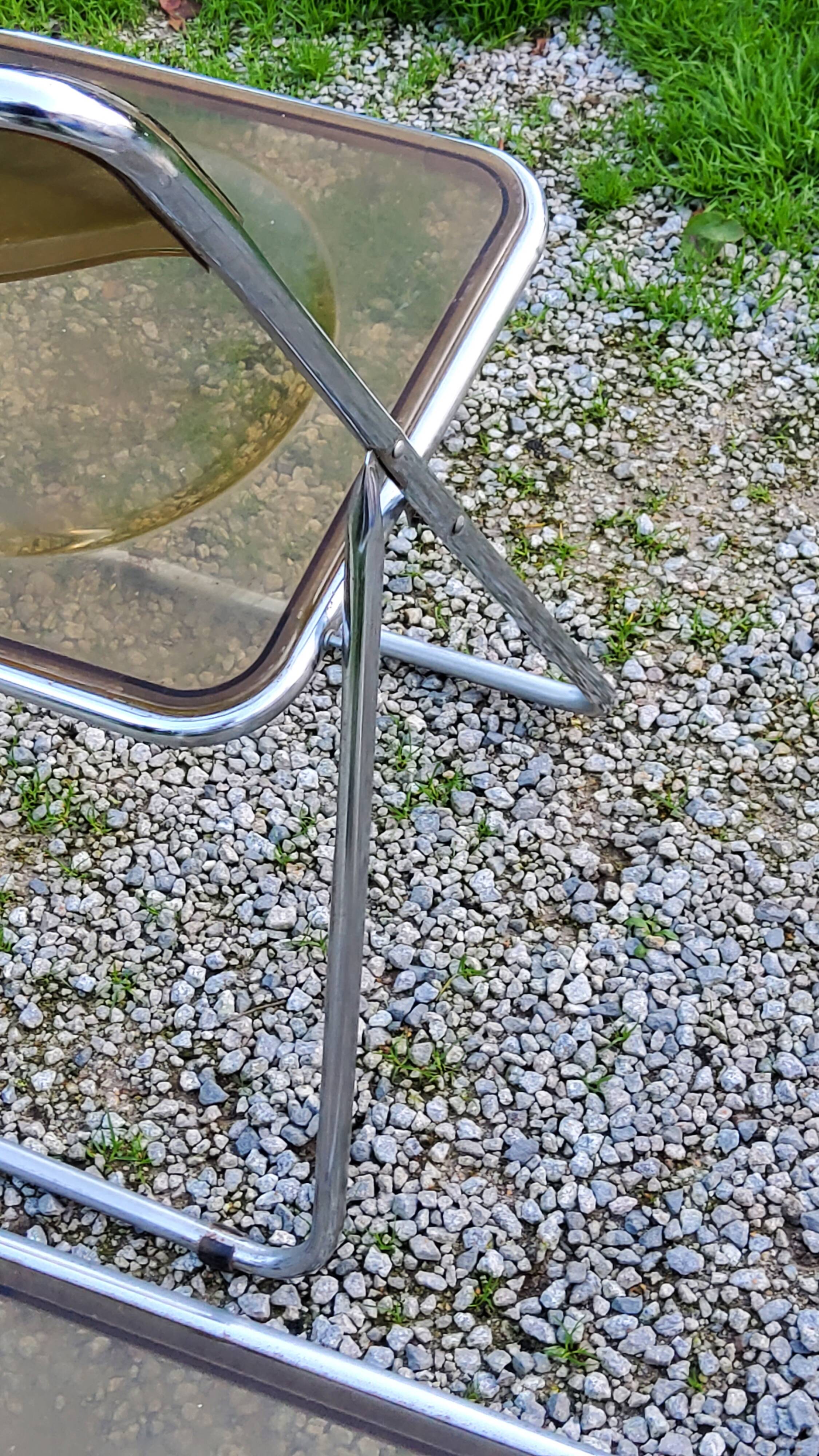 Set of 4 70s design folding chairs in smoked plexiglass and chrome metal