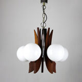 Lustre danois à 5 lumières en verre opalin et bois