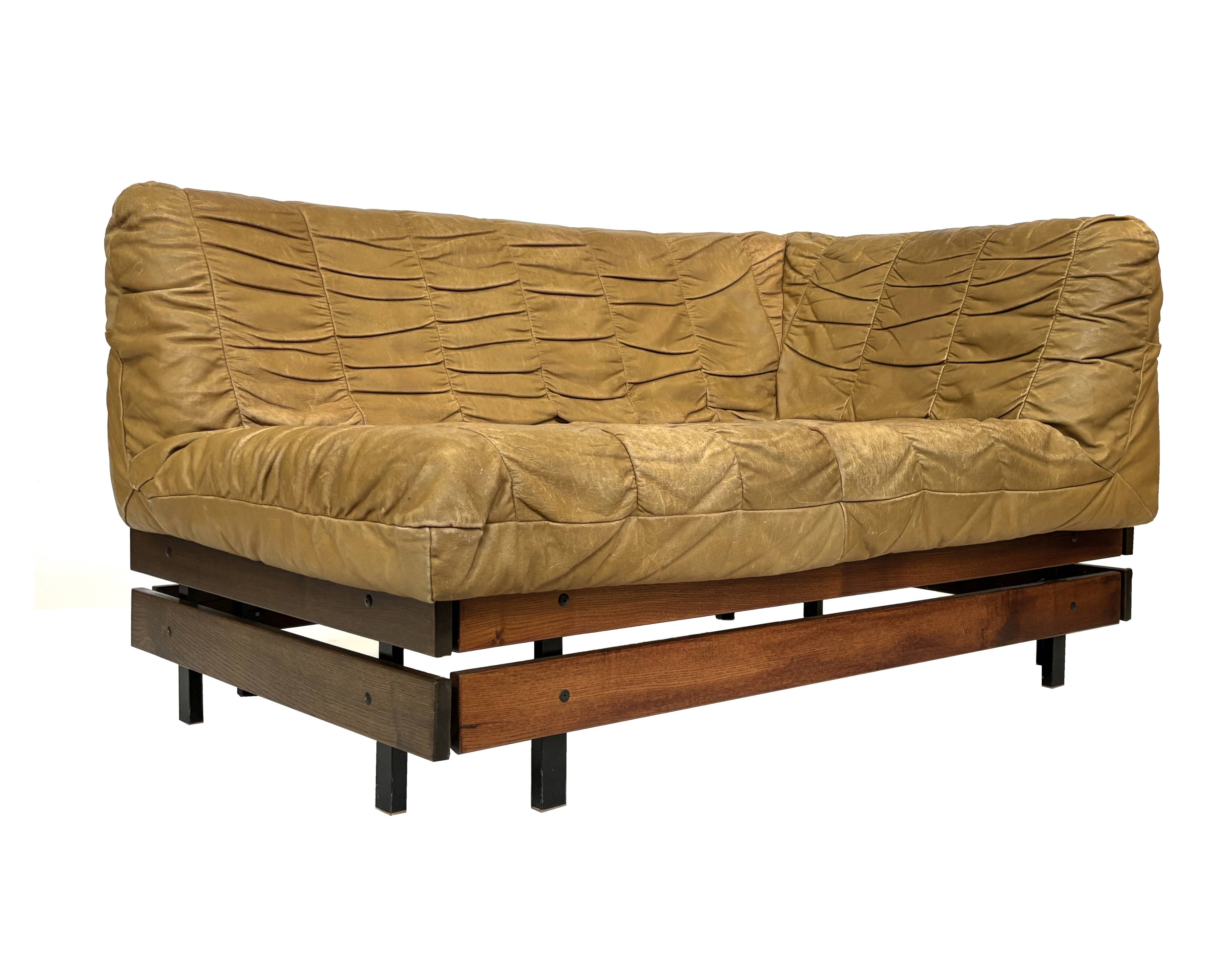 Vintage cognac brown sofa, small slatted model, 1970s