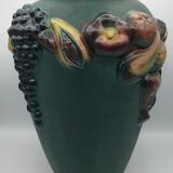 Green ceramic vase with polychrome decoration of fruits and vegetables in relief 33.5 cm