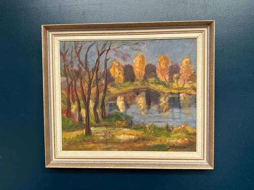 Original Swedish Oil on Panel – “Autumn Landscape” by Skänstod – Dated 1948