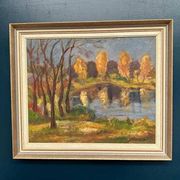 Original Swedish Oil on Panel – “Autumn Landscape” by Skänstod – Dated 1948