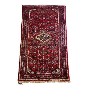 Tapis oriental fait main 198 x 113 cm fond rouge avec franges