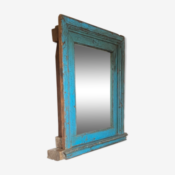 Miroir ancien en teck recyclé bleu patiné 1900