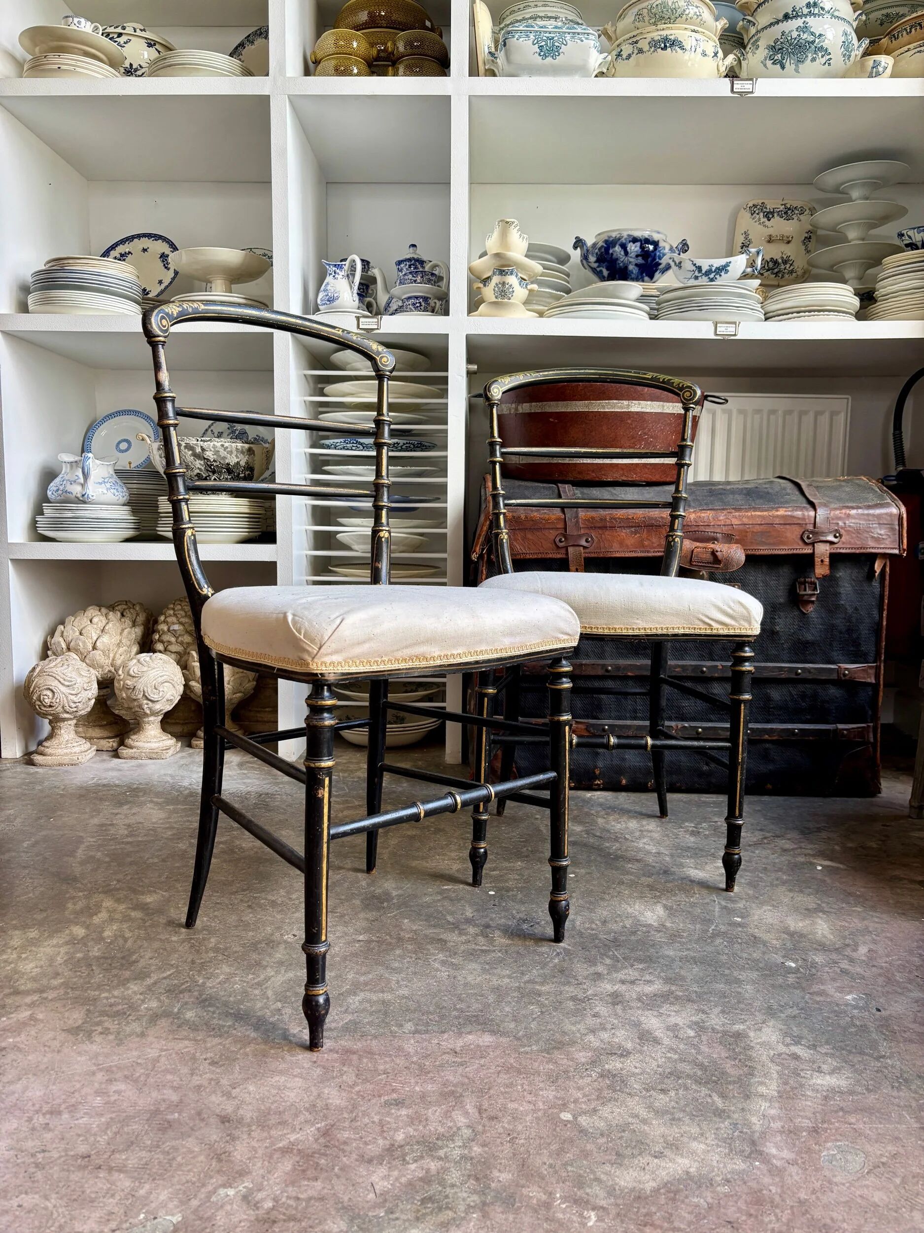 Napoleon III chair in blackened wood and beige fabric