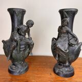 François Moreau: Pair of vases with Napoleon III period characters in regula with bronze patina