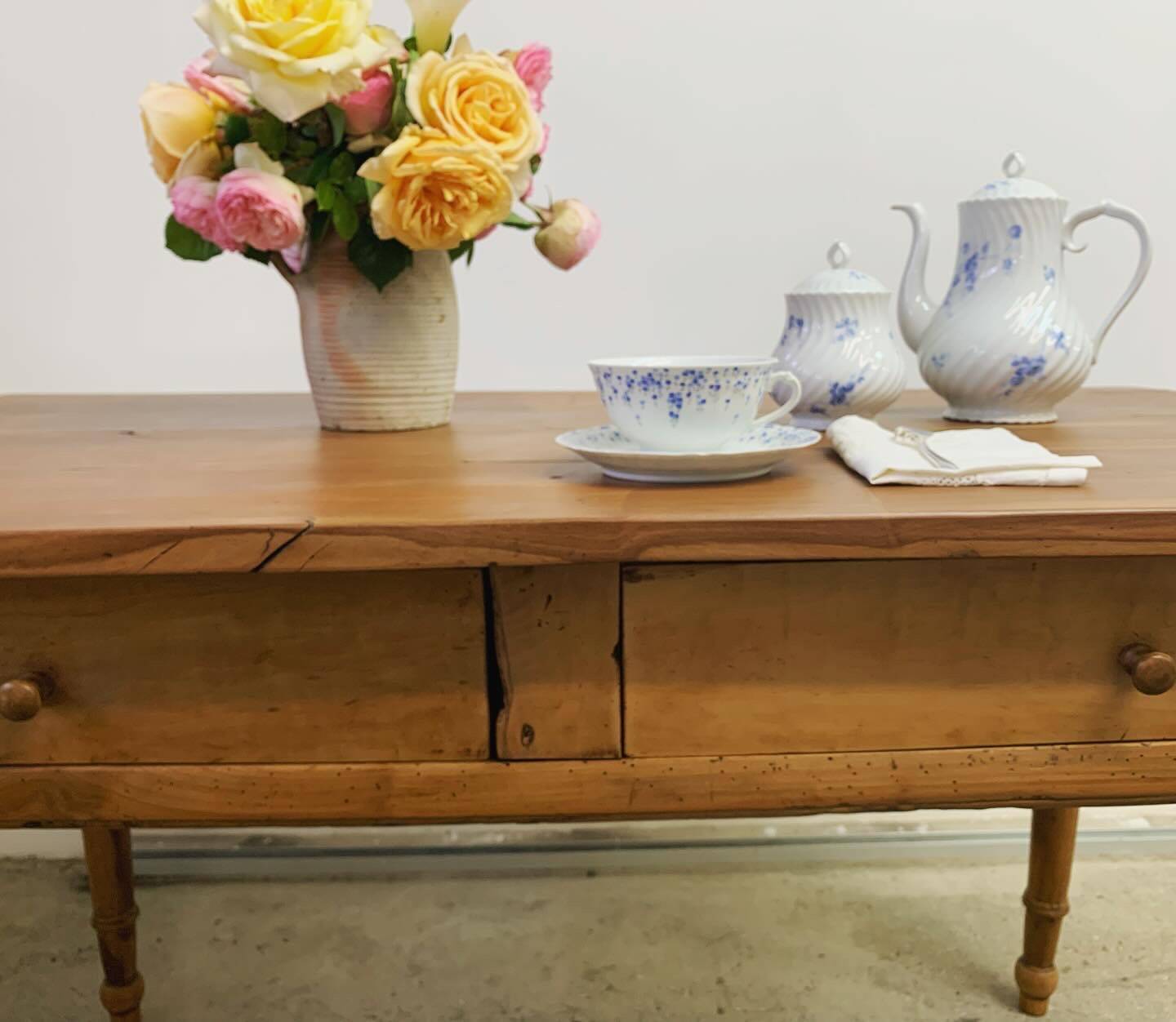 Old walnut farm table with pulls