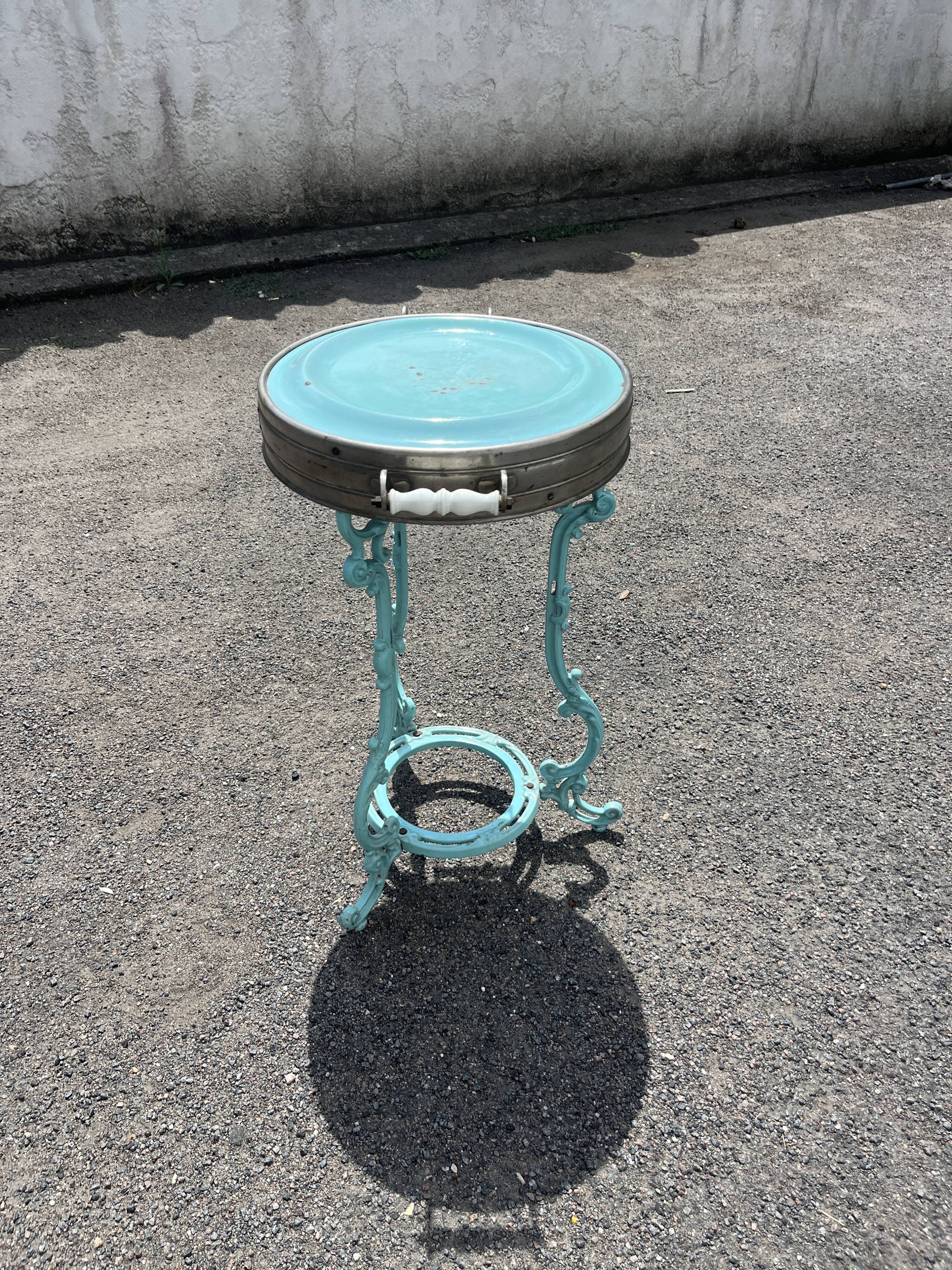 Antique bistro heating table "Le Coquet", enamelled tray, piece by piece.
