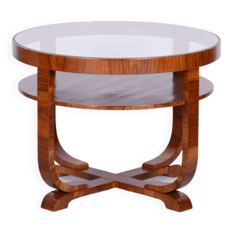 Table basse ronde Art déco en noyer, Jindrich Halabala, UP Zavody, Tchèque, années 1930