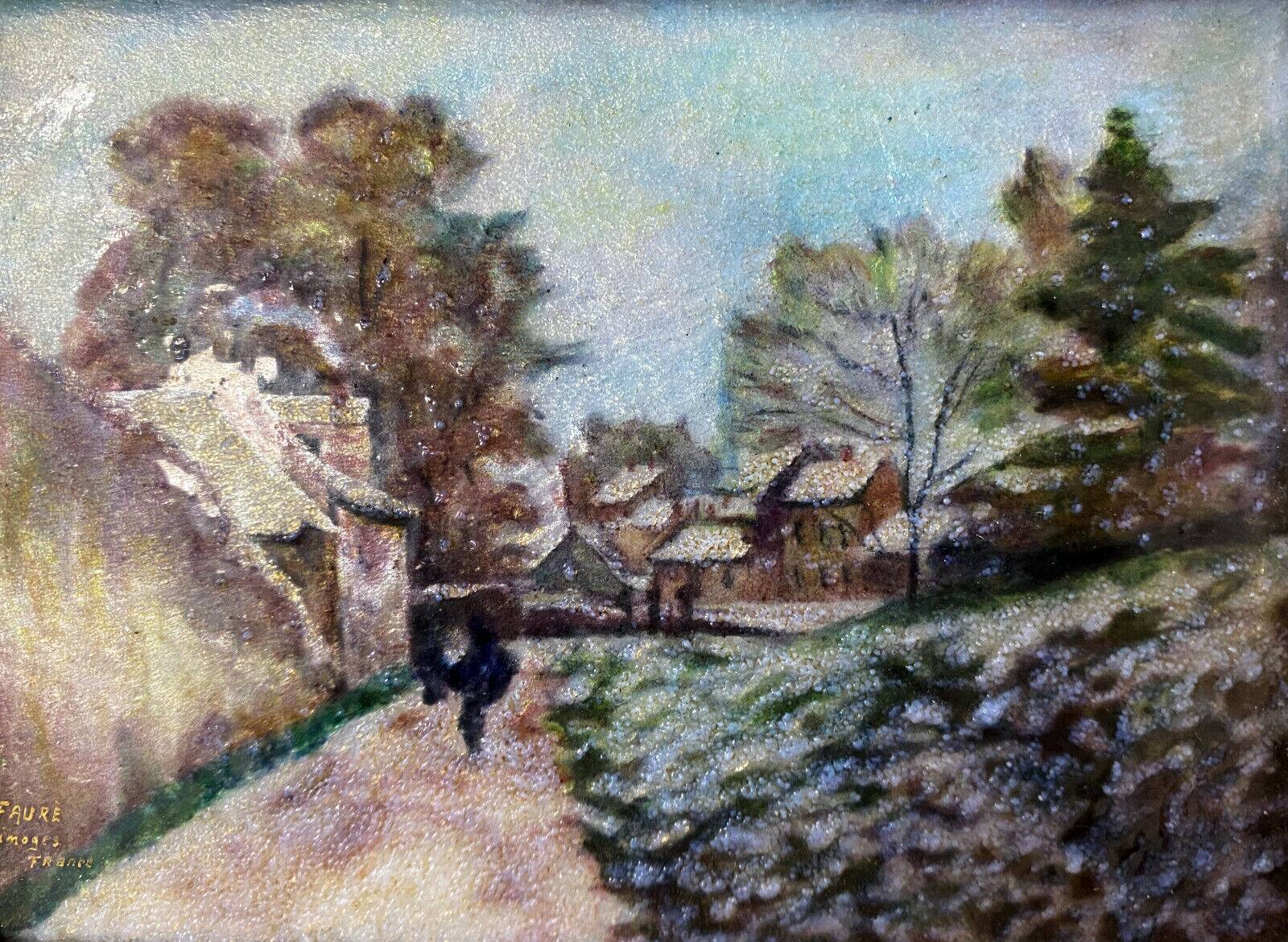 Camille Fauré Limoges painting "Village in winter" enamel painting