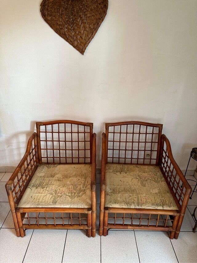 Pair of Rattan and Bamboo Armchairs