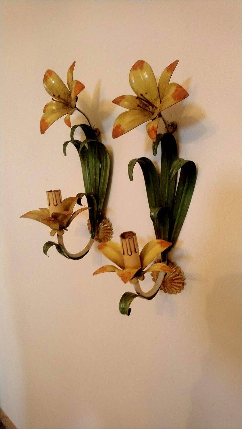 Floral single-arm wall lights, wall sconces, toleware, French vintage enamel.