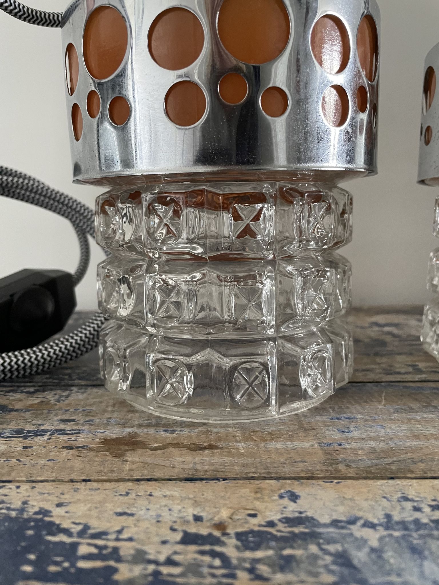 Set of vintage electric chiseled glass lamps