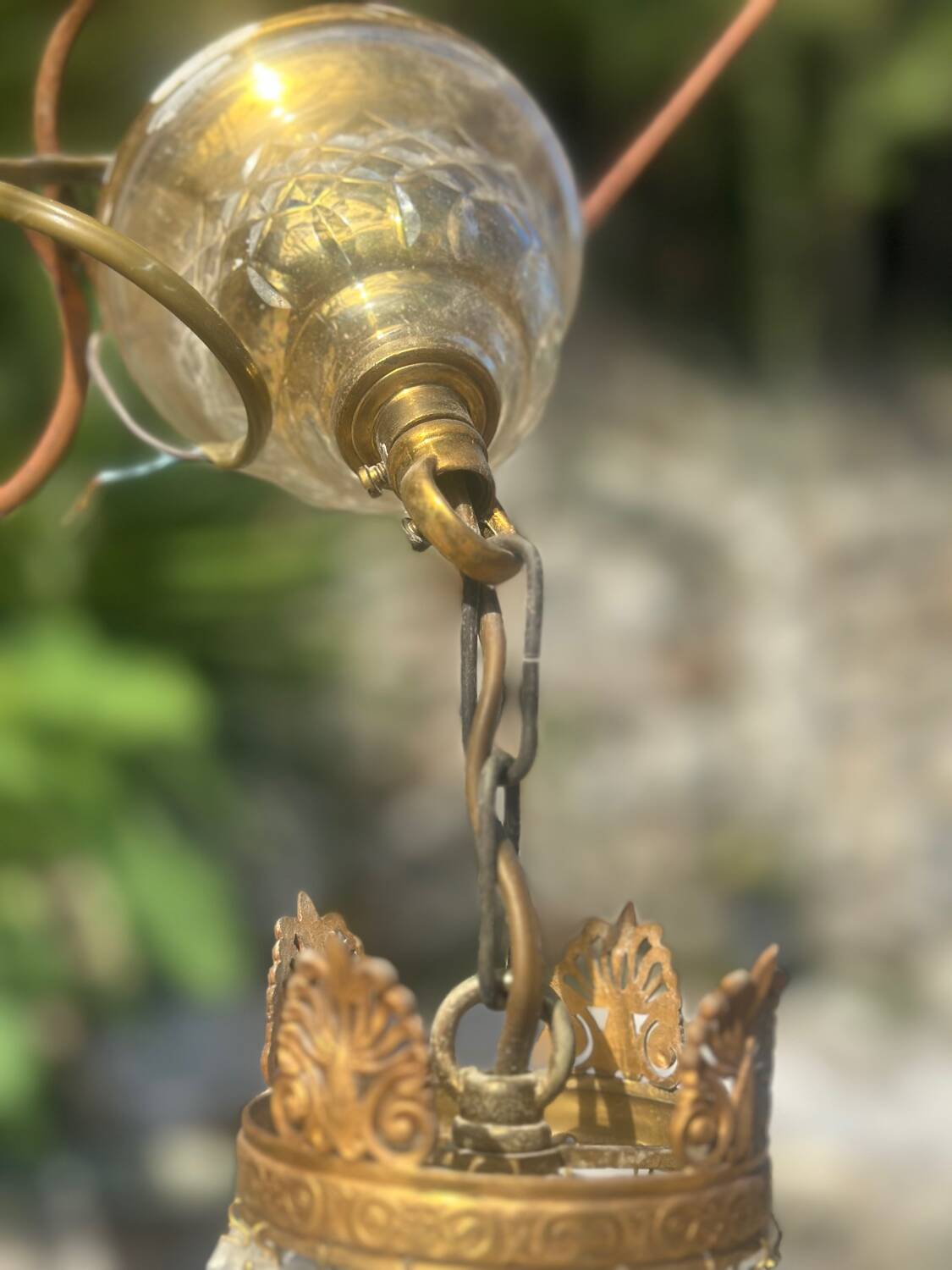 Basket chandelier with crystal and gilded brass pendants, circa 1930.