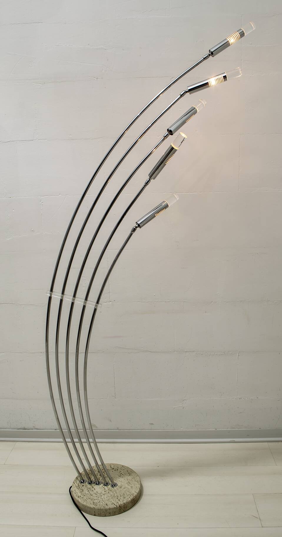 Midcentury Italian Arched Floor Lamp 5 Lights Chrome Metal and Lucite, 1960
