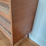 Commode en bois et rotin, pied compas, années 60