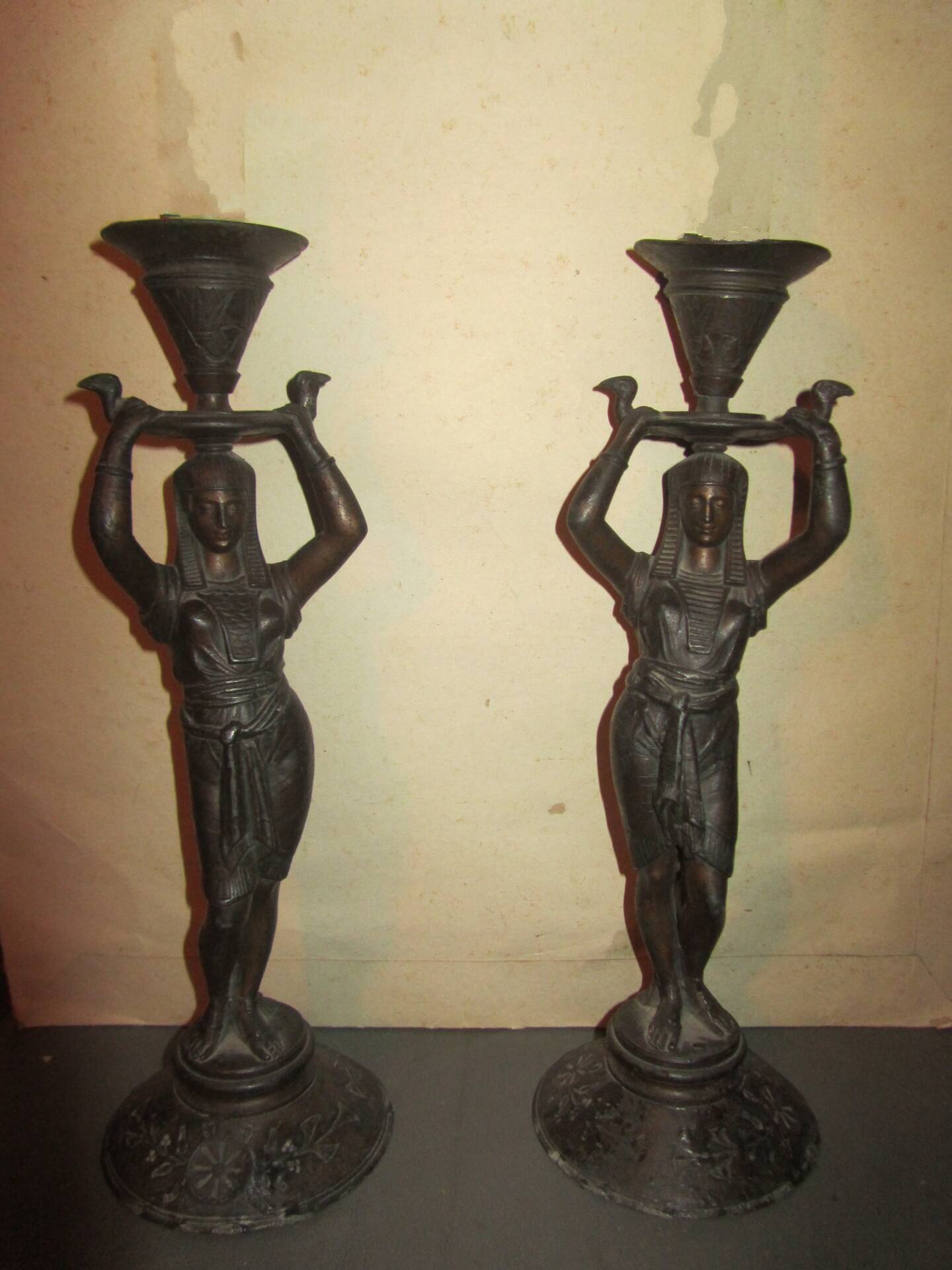 Pair of antique Egyptian-style spelter torches.