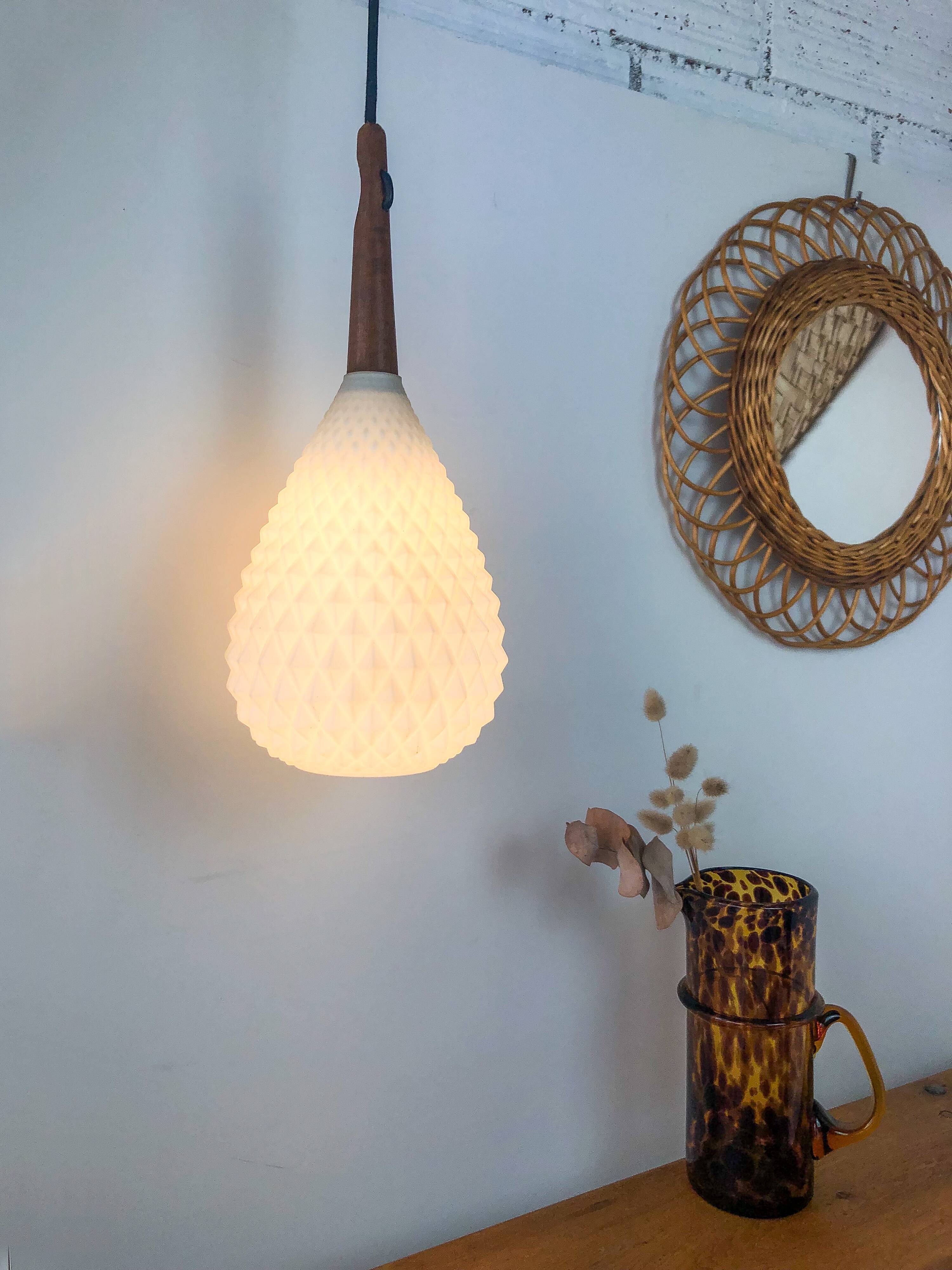 Scandinavian teak and opaline hanging lamp