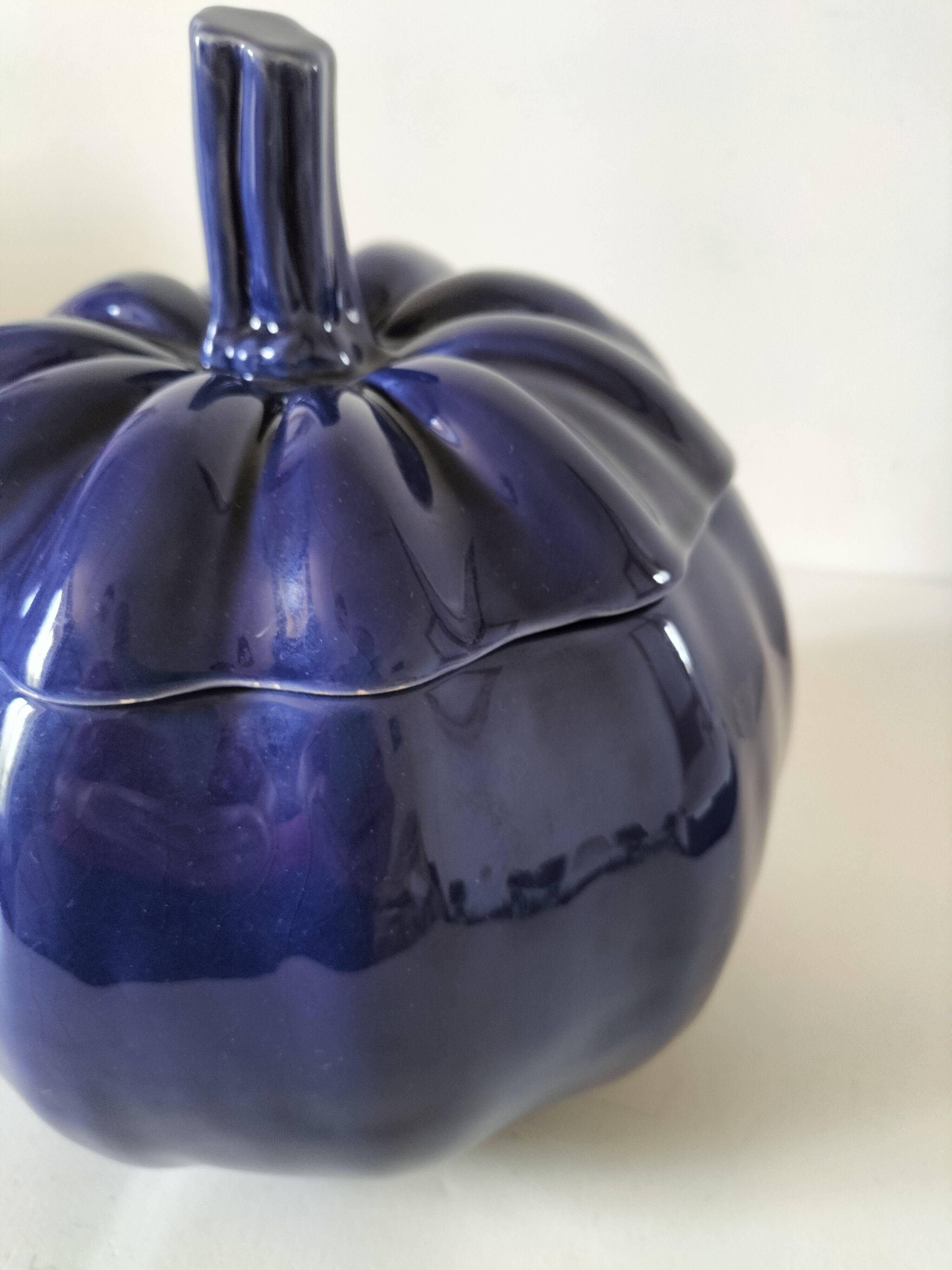 Large vintage soup tureen in glazed ultramarine ceramic