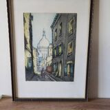Etching Marcel Julien Baron signed, hand-colored print / Rue de Paris