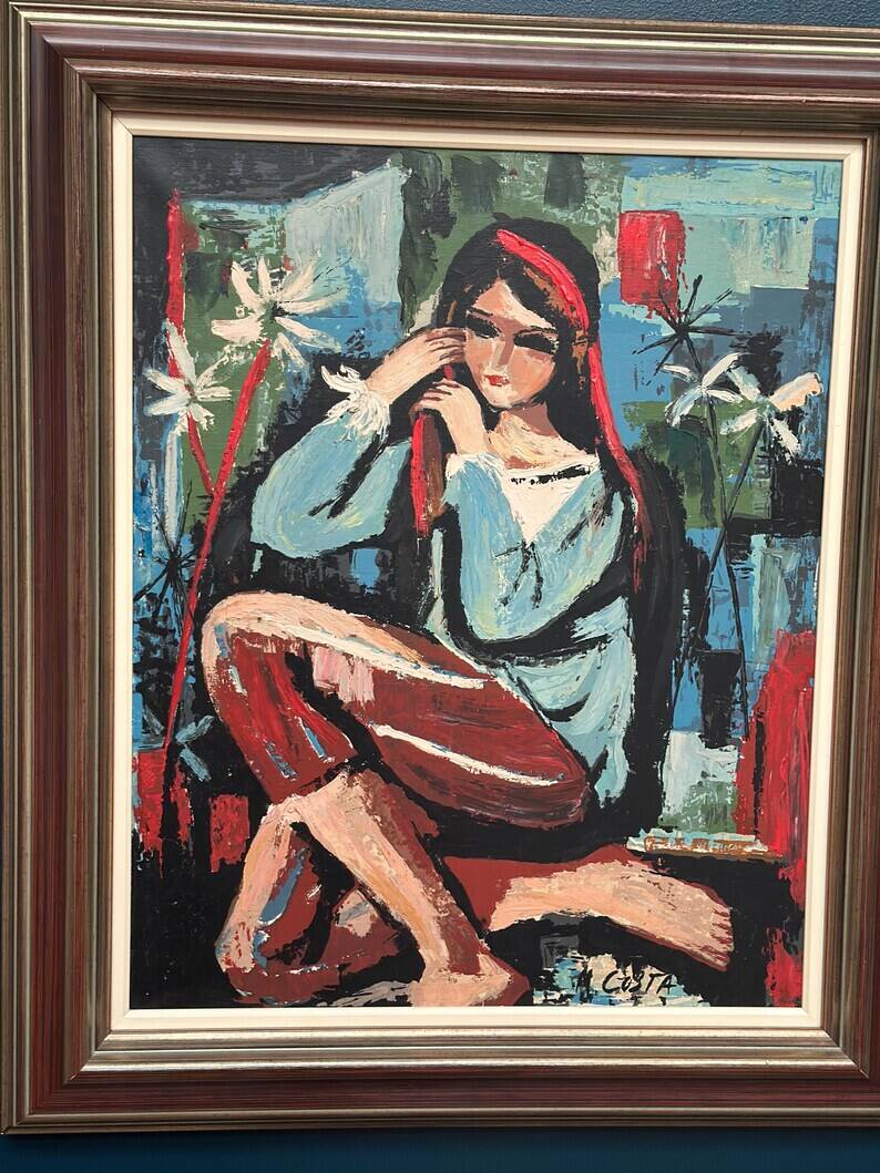 Original Swedish Oil on Canvas - "Portrait of a Young Woman" by M. Costa - Signed - Vintage and Framed - 82.5 × 67.3 cm