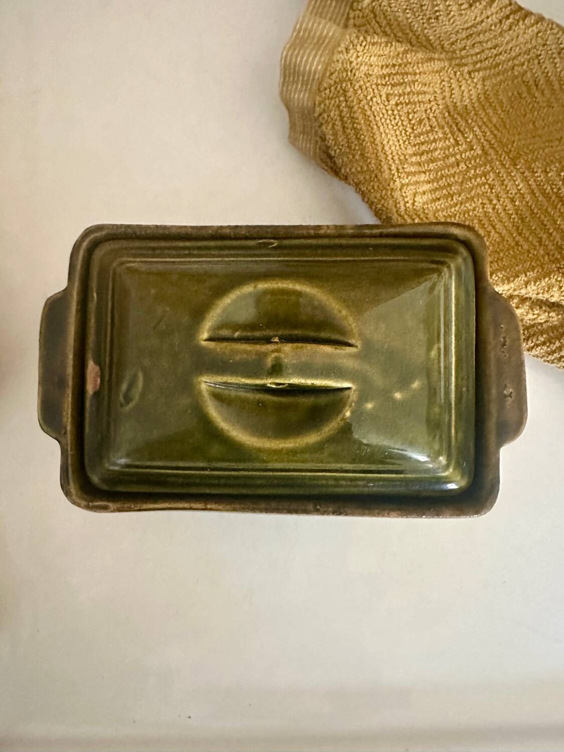 Vintage green majolica butter dish