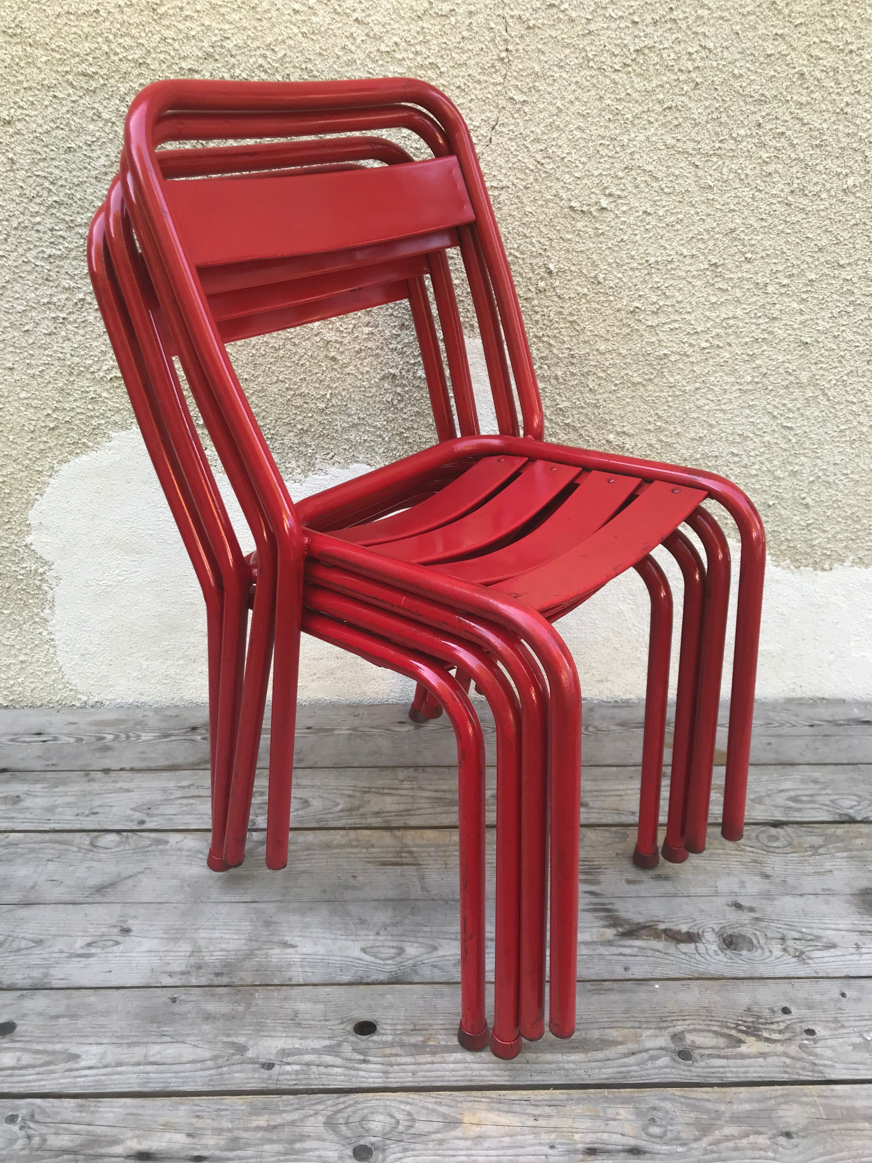 Set of 4 chairs old Tolix T1 metal stackable red vintage